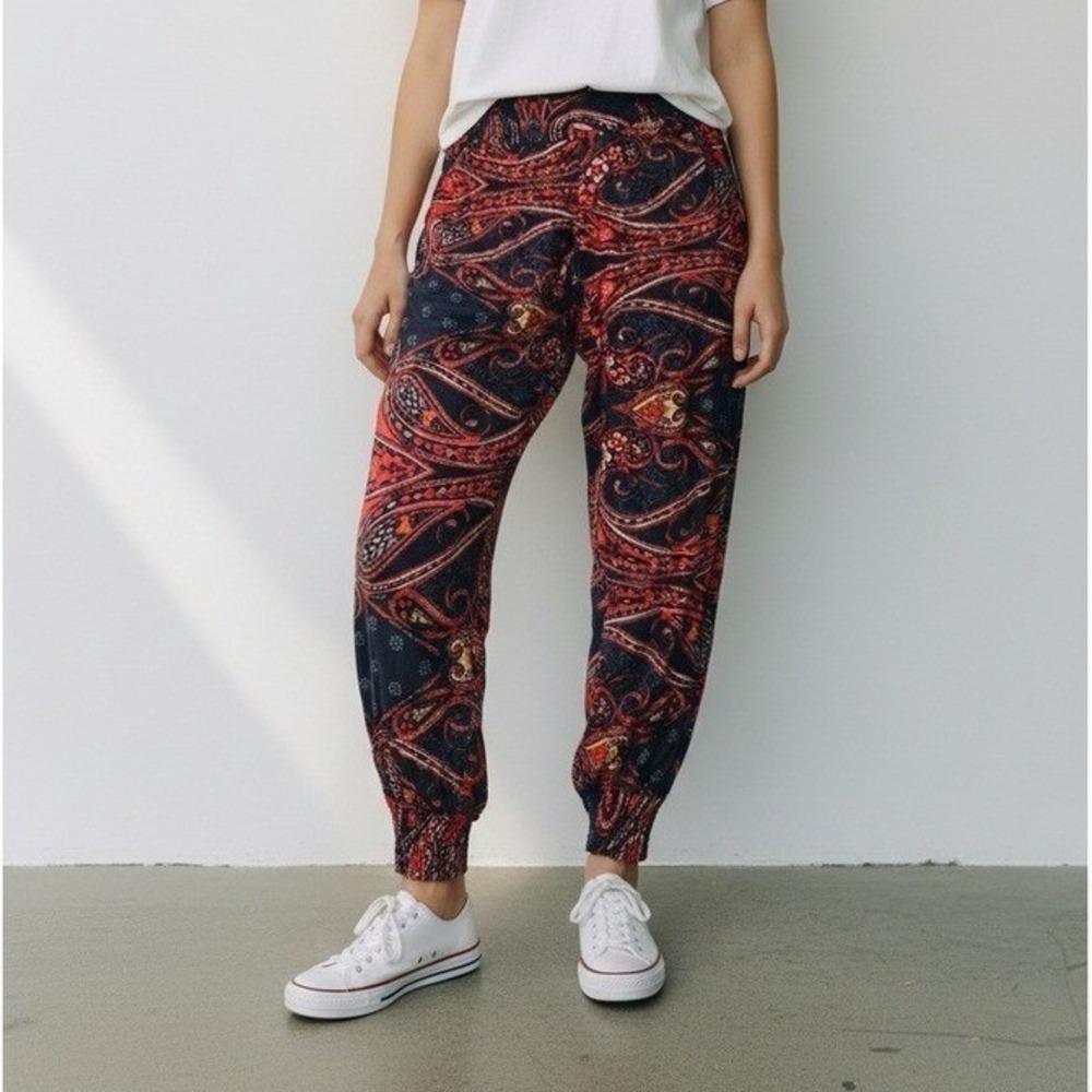 Lascana for‎ Venus Red Navy Paisley Smocked Waist Jogger Pants Small